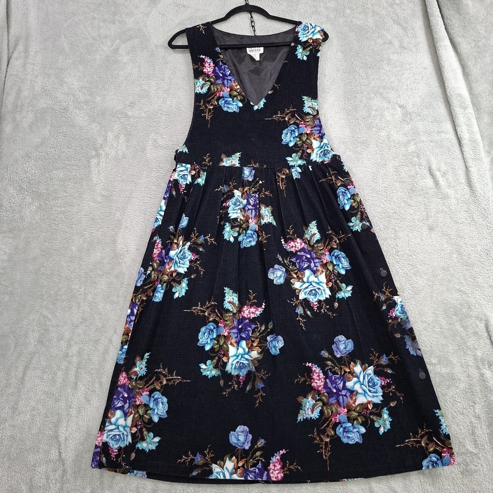 Vtg Pinafore Dress Sz 8 Floral Corduroy Jumper 80s 90s Lagenlook Modest Buttons